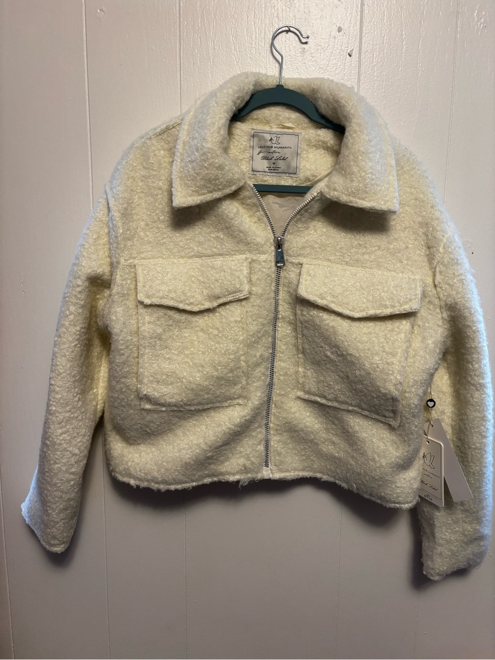 NWT Love for Humanity Black Label Cropped Teddy Jacket Cream Size M